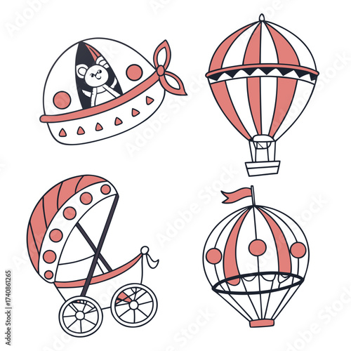 Cute hand drawn baby transport and travel icons with a teddy bear in a pod and hot air balloons