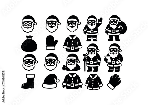 vector solid black filled icons Santa Claus (Appearance) red, suit, black, boots, white, beard, hat, belt, buckle, glasses, frame, jolly, face, laughing, waving, hand, pointing, sack, full.
