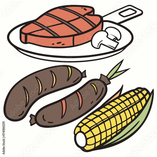 Delicious grilled steak sausage and corn on the cob with mushrooms in a pan illustration