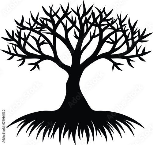 Mangrove Tree with Grass Silhouette Vector Illustration, Black Mangrove Tree and Grass Silhouette Landscape, Mangrove Forest Silhouette with Grass Vector Art