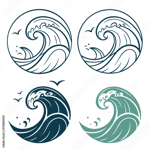 Four stylized circular wave designs featuring crashing ocean waves and flying seagulls in various artistic styles