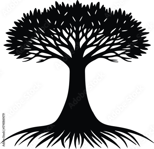 Mangrove Tree with Grass Silhouette Vector Illustration, Black Mangrove Tree and Grass Silhouette Landscape, Mangrove Forest Silhouette with Grass Vector Art