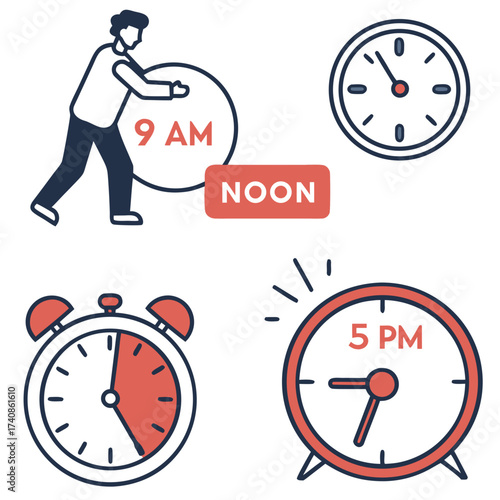 Man pushing clock showing nine am towards noon with other clocks representing time management and schedules
