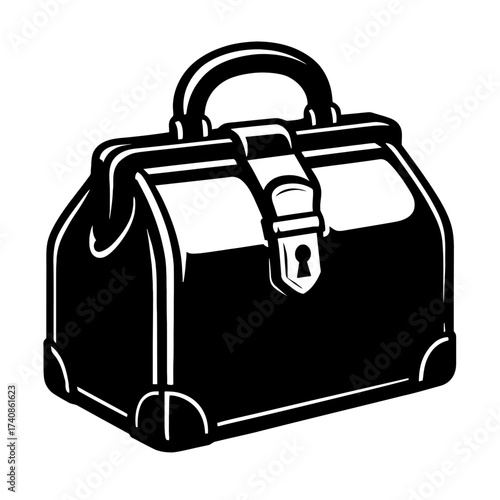 Classic Vintage Doctor's Medical Bag Vector Illustration Icon with Handle and Keyhole Clasp Design, Perfect for Healthcare Professional Logos, Retro Physician's Instrument Carry Case Clipart Graphic A