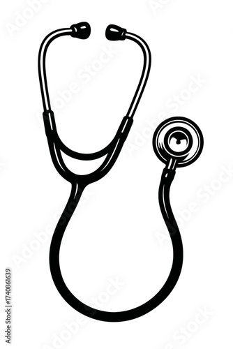 Elegant black and white vector illustration of a classic medical stethoscope, an indispensable diagnostic tool for doctors, nurses, and healthcare professionals, used daily for auscultation of heart a