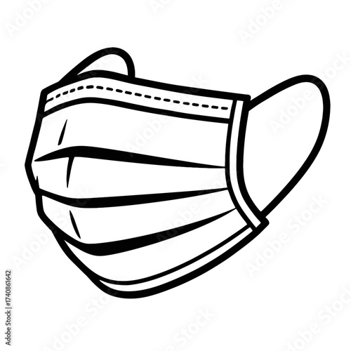 B&W line art of a common pleated disposable medical face mask with ear loops. Essential PPE for public health and safety. Protects against airborne particles, viruses, germs in medical, industrial, &