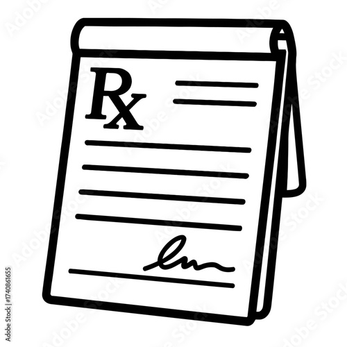 Medical prescription pad icon featuring the classic Rx symbol, a physician's signature, and blank lines for medication details, perfect for healthcare design, pharmacy services, and health industry il