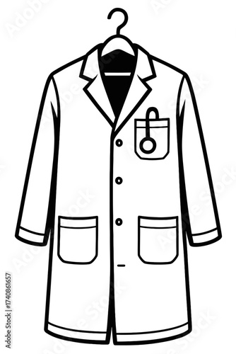 Crisp white medical lab coat illustration, hanging neatly on a hanger, with a classic stethoscope tucked into its chest pocket. Perfect vector art for healthcare, scientific research, medical educatio
