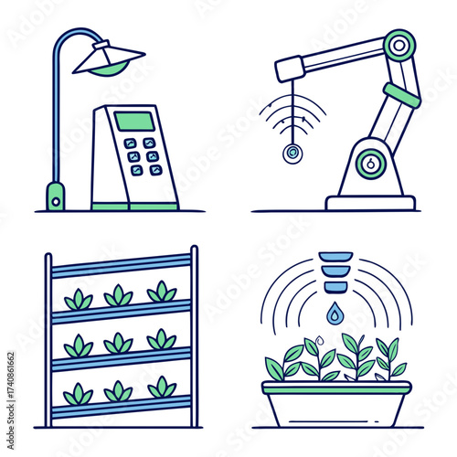 Modern agriculture technology with robotic arm vertical farming automated irrigation and smart lighting systems