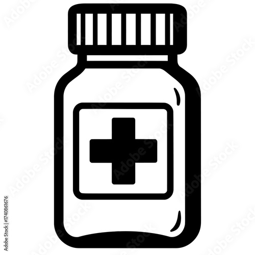Black and white vector icon of a medicine bottle with a prominent medical cross symbol on its label, ideal for healthcare, pharmacy, and medical drug designs. This clean graphic represents medication,