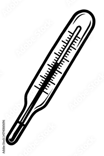 Black and white vector outline illustration of a classic mercury-in-glass medical thermometer for accurate body temperature measurement. An essential diagnostic healthcare tool for fever monitoring an