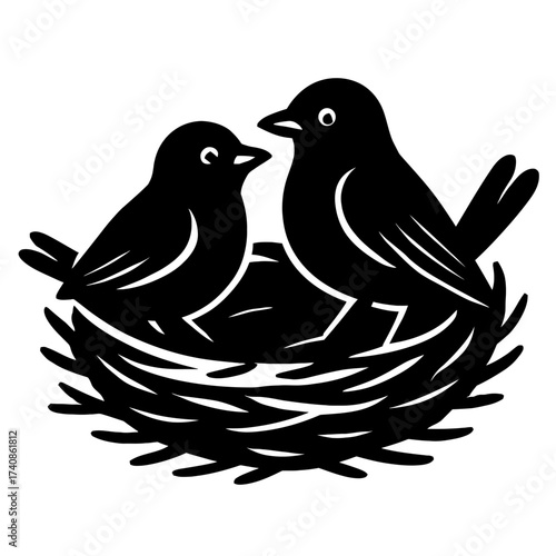 Black silhouette of two birds, parent and chick, nestled in a nest. This graphic represents family, love, protection, new life, spring, and the warmth of home, a sweet and gentle nature scene.