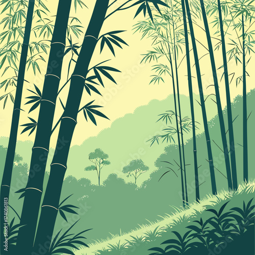 Serene bamboo forest scene with lush green foliage and a soft yellow sky