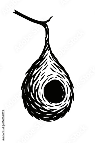 Black and white illustration of a woven, pendulous bird's nest, hanging from a branch. This stylized vector art depicts a teardrop-shaped structure with a round entrance, symbolizing nature, wildlife,