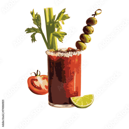 Bloody Mary cocktail with celery olives lime and tomato slice drink beverage