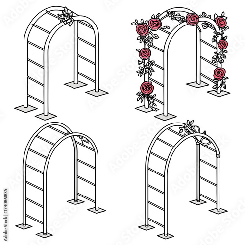 Set of four decorative garden arches one adorned with pink roses and green leaves