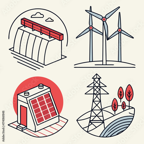 Set of four isometric illustrations depicting renewable energy sources and infrastructure in a clean line art style