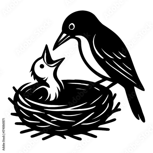A heartwarming black and white vector illustration depicting a nurturing parent bird carefully feeding its hungry, wide-mouthed chick nestled snugly within a intricately woven natural nest, symbolizin