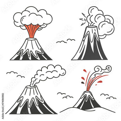 Set of four stylized cartoon volcanoes erupting with smoke and lava in a clean graphic design