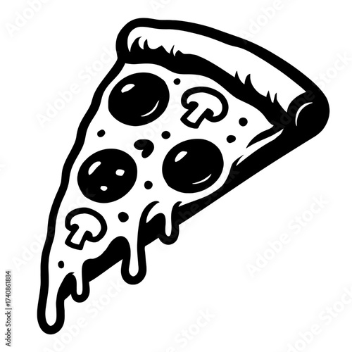 B&W vector art of a pizza slice with melting cheese, pepperoni, mushrooms. SEO-friendly graphic for food branding, menus, fast food, blogs, apparel, web icons, print. Captures savory Italian-American