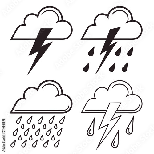 Set of four weather icons depicting clouds with lightning and rain in a simple line art style
