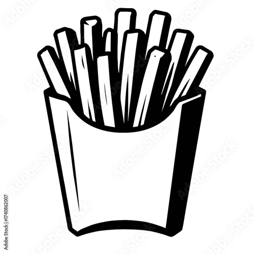 Classic black and white illustration of crispy golden french fries served in a traditional fast-food style paper carton, perfect for menus, snack visuals, culinary designs, or retro advertising. Yum!