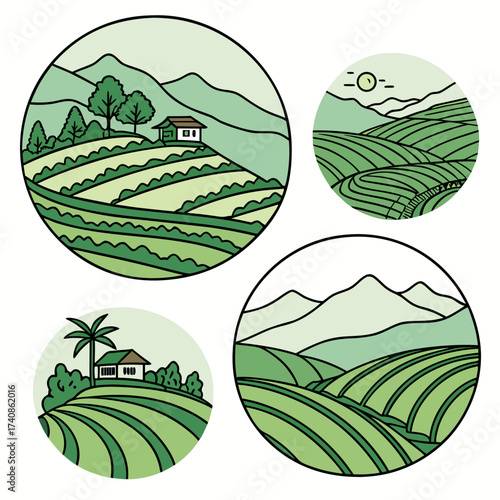 Stylized green terraced hillsides with houses and mountains in circular frames