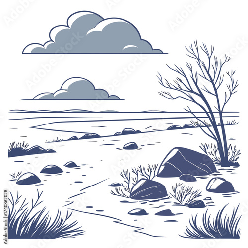 Stylized illustration of a barren landscape with sparse vegetation rocks and clouds in a minimalist blue and white style