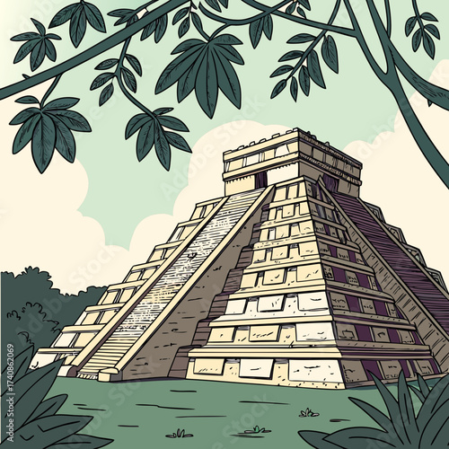 Stylized illustration of the ancient mayan pyramid chichen itza surrounded by lush jungle foliage