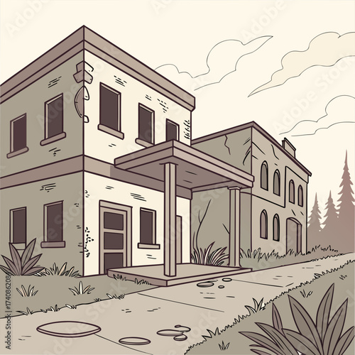 Stylized illustration of two old buildings with a covered entrance and surrounding overgrown grass and trees