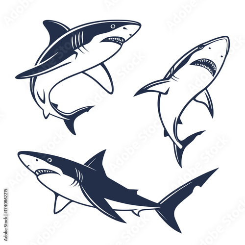 Three dynamic dark blue shark silhouettes in action poses against a white background