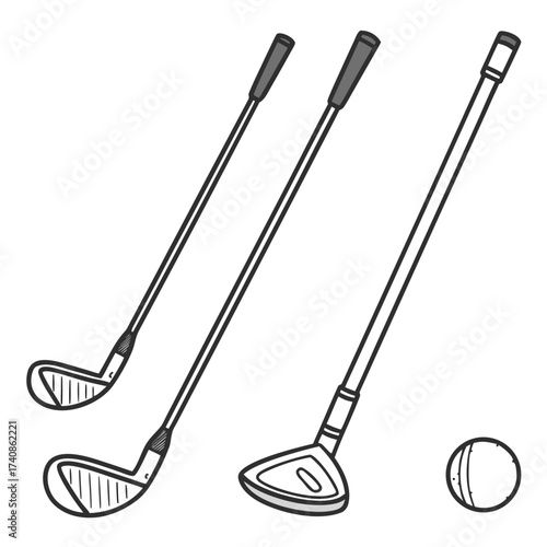 Three golf clubs and a golf ball illustrated in a simple line art style on a white background