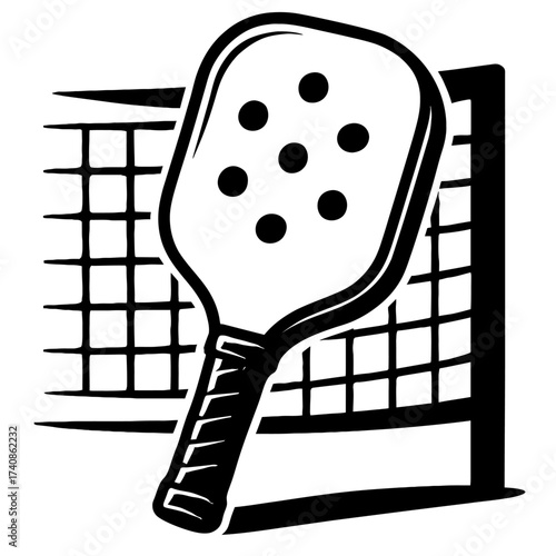 Dynamic black and white vector illustration of a pickleball paddle with holes, positioned prominently in front of a court net, symbolizing competitive paddle sports, recreational activity, fitness, an