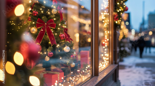Festive Christmas Store Window with Tree, Lights, and Holiday Decorations at Night