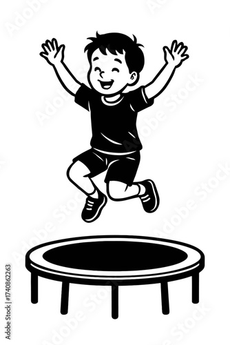 A joyful young boy, with a wide smile and raised arms, enthusiastically jumps high above a round trampoline in a dynamic, monochrome cartoon illustration, capturing pure happiness and active playtime
