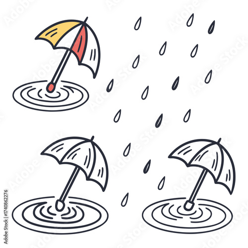 Three simple hand drawn umbrellas protecting from falling rain drops in puddles on white background