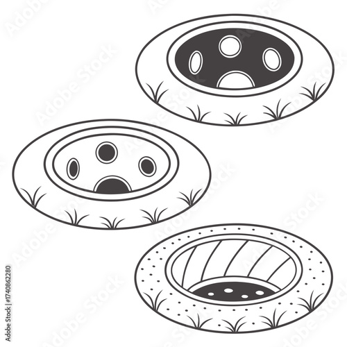 Three stylized cartoon outlines of round openings in the ground resembling manhole covers or portals