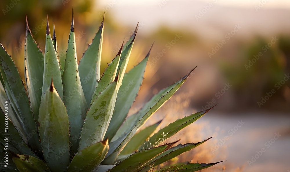 Fototapeta premium Vertical composition of an agave. zoomed in to highlight the spikes
