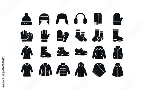 vector solid black filled icons Winter Clothes (Accessories) wool, hat, fur, knit, cap, earmuffs, pair, scarf, long, short, gloves, leather, mittens, red, blue, socks, thick.