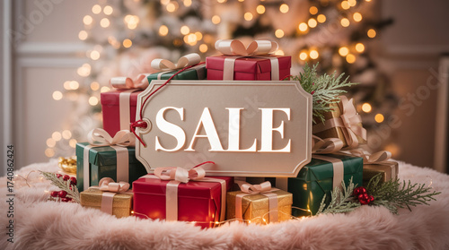 Luxury Christmas Gift Display with SALE Tag and Decorated Tree in Background