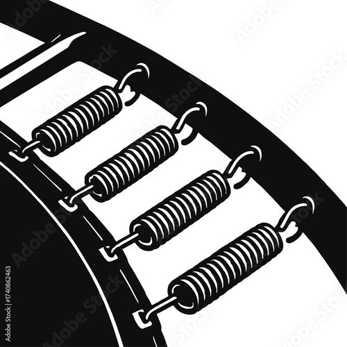 Black and white illustration of four coiled metal trampoline springs, securing the mat to the frame. Highlighting components for elasticity, dynamic bounce, and structural integrity, crucial for recre