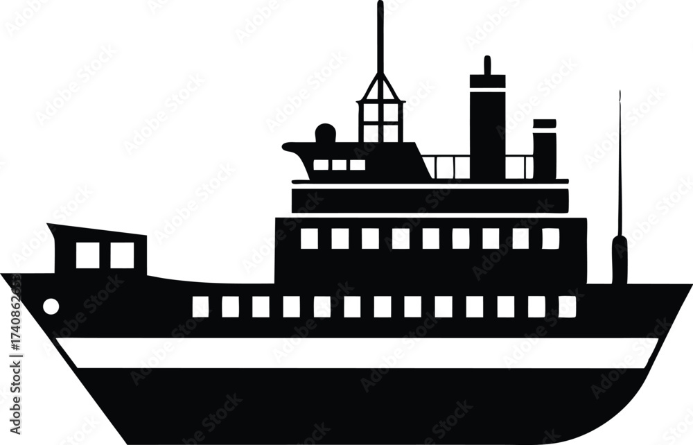 Obraz premium Maritime Ship Silhouette Vector Illustration. Cargo Ship Silhouette on the Ocean Vector, Sailing Ship Silhouette Vector for Logo and Design.