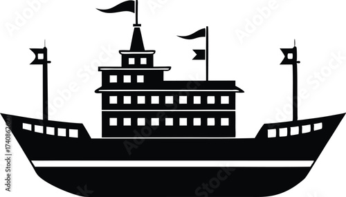 Maritime Ship Silhouette Vector Illustration. Cargo Ship Silhouette on the Ocean Vector, Sailing Ship Silhouette Vector for Logo and Design.