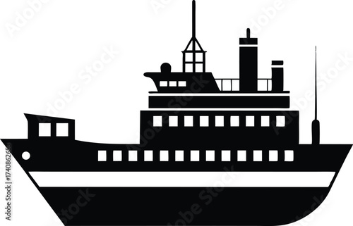 Maritime Ship Silhouette Vector Illustration. Cargo Ship Silhouette on the Ocean Vector, Sailing Ship Silhouette Vector for Logo and Design.