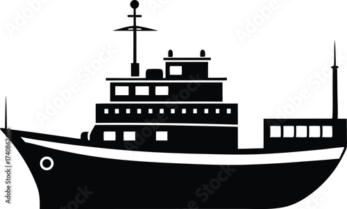 Maritime Ship Silhouette Vector Illustration. Cargo Ship Silhouette on the Ocean Vector, Sailing Ship Silhouette Vector for Logo and Design.
