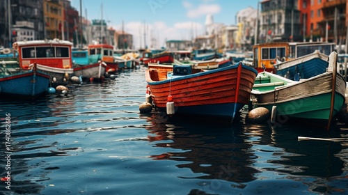 A photo of a city waterfront with colorful boats