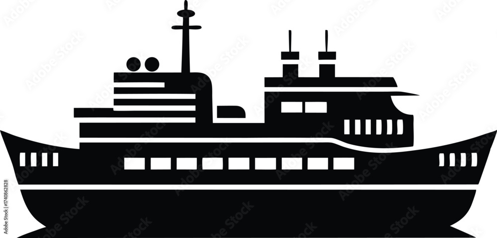 Obraz premium Maritime Ship Silhouette Vector Illustration. Cargo Ship Silhouette on the Ocean Vector, Sailing Ship Silhouette Vector for Logo and Design.