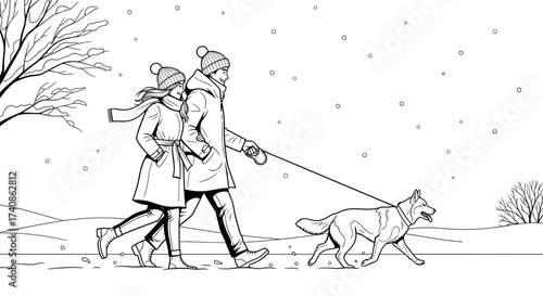 Couple walking dog in snow, enjoying winter day together