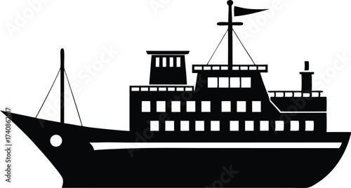 Maritime Ship Silhouette Vector Illustration. Cargo Ship Silhouette on the Ocean Vector, Sailing Ship Silhouette Vector for Logo and Design.