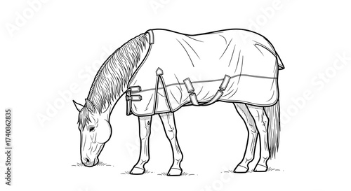 Horse wearing winter blanket grazing in snow-covered field